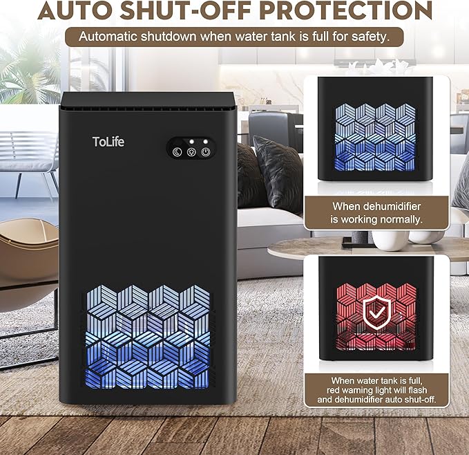 ToLife Dehumidifier for Home, 1000 sq.ft Dehumidifiers for Basement Bathroom Bedroom with 95 OZ Water Tank, Auto Shut Off 7 Colors LED Light, Black