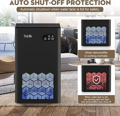ToLife Dehumidifier for Home, 1000 sq.ft Dehumidifiers for Basement Bathroom Bedroom with 95 OZ Water Tank, Auto Shut Off 7 Colors LED Light, Black