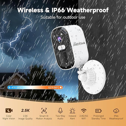 JAIOTlink Security Cameras Wireless Outdoor, 2.5K Battery Camera, 2.4G/5GHz WiFi, Spotlight & Siren Alarm, Color Night Vision, AI Motion Detection, Waterproof, Magnetic Mount, Compatible with Alexa