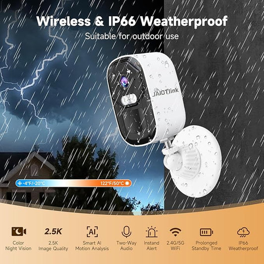 JAIOTlink Security Cameras Wireless Outdoor, 2.5K Battery Camera, 2.4G/5GHz WiFi, Spotlight & Siren Alarm, Color Night Vision, AI Motion Detection, Waterproof, Magnetic Mount, Compatible with Alexa