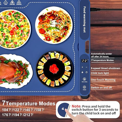 Electric Warming Tray&Food Warming MatFast Full Surface Electric Warming Tray with 7 Temp-Settings & 8H Timer, Portable Roll Up Food Warmer for Gatherings (Blue, 24''X15'')