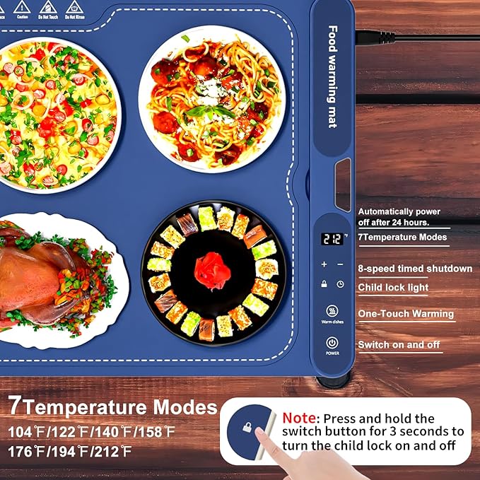 Electric Warming Tray&Food Warming MatFast Full Surface Electric Warming Tray with 7 Temp-Settings & 8H Timer, Portable Roll Up Food Warmer for Gatherings Parties Buffet-Oversized (Blue, 32''X15'')