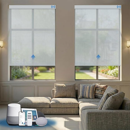 Motorized Solar Shades, Light Filtering Smart Blinds for Windows Automatic Blinds Compatible with Alexa, Falme Resistant Roller Shades Customized for Office Living Room (3% Openness Sliver)