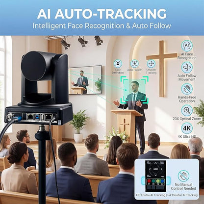 4K PTZ Camera for Conference Room & Church, 20X Optical Zoom, HDMI SDI USB LAN, AI Auto Tracking Camera for Live Streaming