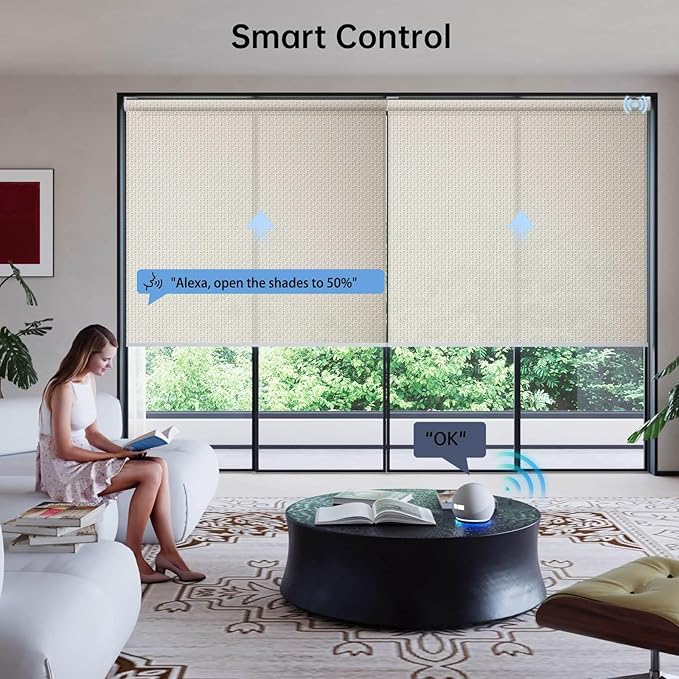 Motorized Coupled Shades, Falme Resistant Smart Solar Shades for Large Windows Automatic Blinds Compatible with Alexa, Electric Roller Blinds Customized for Home Office(3% Openness Beige)