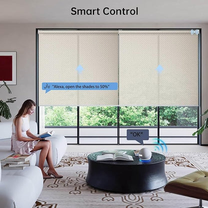 Motorized Coupled Shades, Falme Resistant Smart Solar Shades for Large Windows Automatic Blinds Compatible with Alexa, Electric Roller Blinds Customized for Home Office(3% Openness Beige)