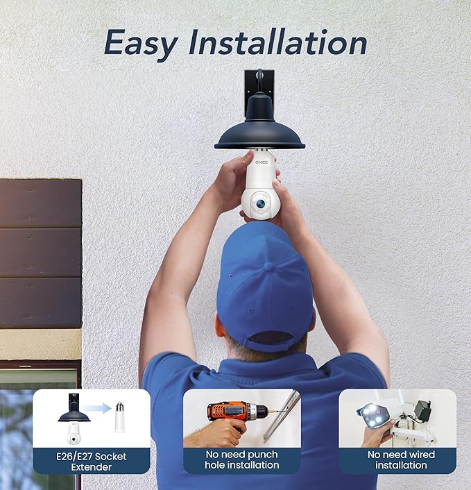 GNCC 2K Light Bulb Security Camera, 2.4GHz Only, 355° Wireless Outdoor Camera, Full-Color Night Vision, Motion Detection, Easy Install, Local & Cloud Storage Requires Subscription (2-Pack, White)