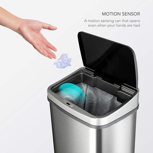 Ninestars DZT-50-28BR Automatic Touchless Motion Sensor Rectangular Trash Can, Black Top, 13 Gal. 49 L., Brush