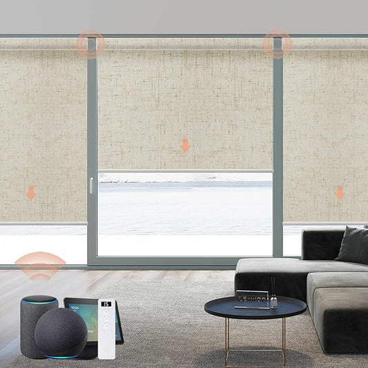 Motorized Blinds Roller Shade with Remote: Canisteo Automatic Smart Blind for Windows 100% Blackout, Electric Blinds Compatible with Alexa/Google Home/Apple Homekit, Customized Size, Linen Stone
