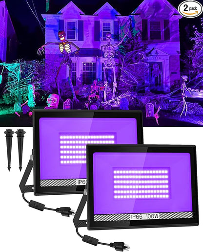 T-SUN 2 Pack 100W LED Black Lights, Blacklight Flood Light with Plug, Halloween Blacklight Outdoor, IP66 Waterproof Flood Light for Glow Party, Body Paint, Fluorescent Poster, Stage, Neon Glow