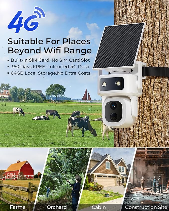 SANSCO 2 Pack 4G LTE Cellular Solar Security Camera, 360-Day Free Data 64GB