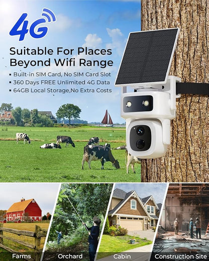 SANSCO 2 Pack 4G LTE Cellular Solar Security Camera, 360-Day Free Data 64GB