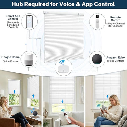 Motorized No Drill Cordless Cellular Shades, 1.5" Smart Electric Honeycomb Blind with Remote Control, Automatic No Drill Cellular Shades for Home and Office Indoor Window, Light Filtering White