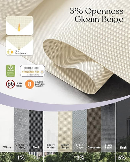 Graywind Motorized Outdoor Shades for Patio Compatible With Alexa Google Smart Sun Blinds Exterior Solar Powered Electric Roller for Outside, Custom Size (3% Openness Gloam Beige)
