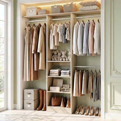 Besiost 4FT Small Closet Organizer System with 4 Hanging Rods & 3 Shelves | 48" Closet System for Small Closets, 80" H Small Closet Organizers and Storage for Bedrooms, Cloakrooms, White Oak