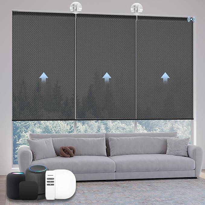Motorized Coupled Shades, Falme Resistant Smart Solar Shades for Large Windows Automatic Blinds Compatible with Alexa, Electric Roller Blinds Customized for Home Office(5% Openness Black)