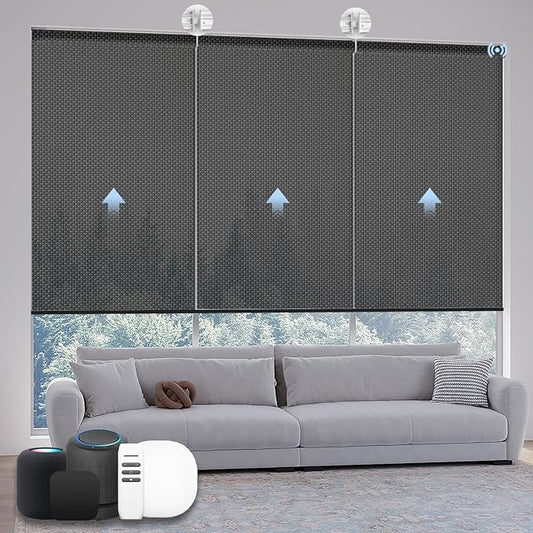 Motorized Coupled Shades, Falme Resistant Smart Solar Shades for Large Windows Automatic Blinds Compatible with Alexa, Electric Roller Blinds Customized for Home Office(5% Openness Black)