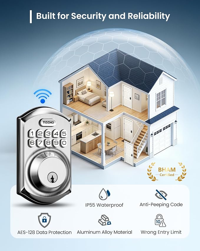 TEEHO TE011W WiFi Keypad Deadbolt, Smart Locks for Front Door, Satin Nickel