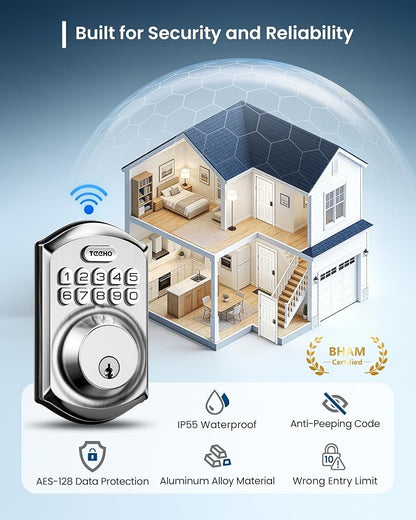 TEEHO TE011W WiFi Keypad Deadbolt, Smart Locks for Front Door, Satin Nickel