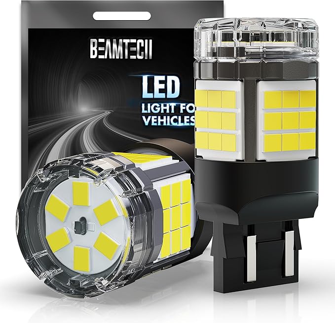 BEAMTECH Upgraded 7440 7443 LED Bulbs Reverse Lights, Build-in CANBUS, 6500K White Super Brighter T20 7441 W21W WY21W 7440NA Replacement for Back Up Tail Brake Parking Signal Lights, Pack of 2