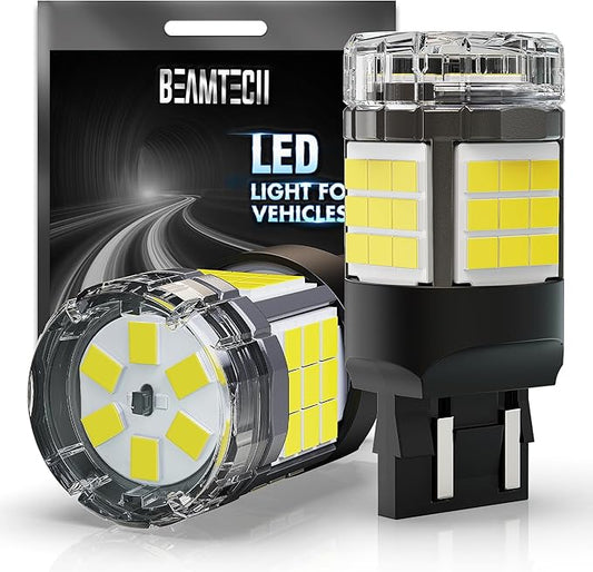 BEAMTECH Upgraded 7440 7443 LED Bulbs Reverse Lights, Build-in CANBUS, 6500K White Super Brighter T20 7441 W21W WY21W 7440NA Replacement for Back Up Tail Brake Parking Signal Lights, Pack of 2