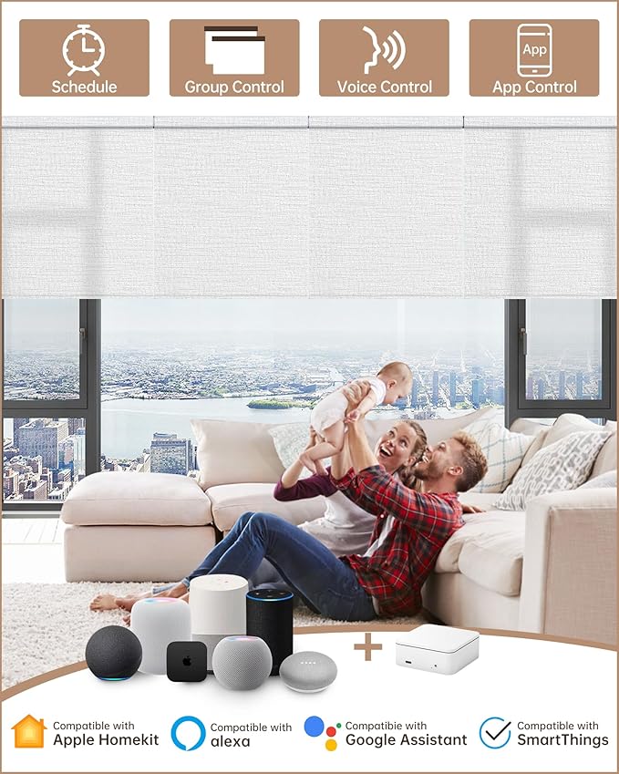 Kincmo Motorized Blinds with Remote, Light Filtering Roller Shades Work with Apple Homekit,Alexa,Google Home, Custom Electric Blinds with App,Voice Control (75% Blackout Aqua Waves White)