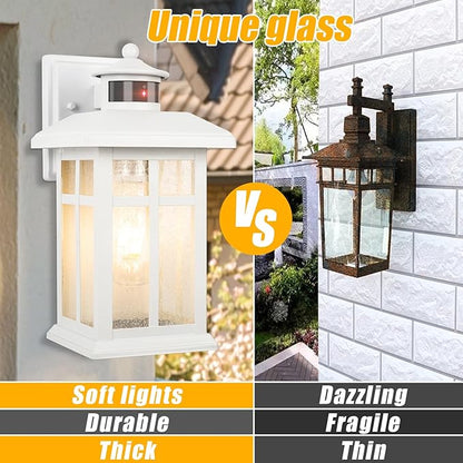 Brilvibera Dawn to Dusk Motion Sensor Wall Light Fixtures - White Wall Mount with E26 Sockets & Tempered Glass, Waterproof Outdoor & Indoor Lights for House, Porch, Garage, Door
