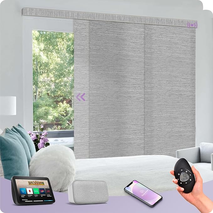 Graywind Rechargeable Smart Sliding Panels Compatible with Alexa Google Motorized Panel Track Blinds Remote Control for Patio Sliding Door Closet Door Width Up to 177" Custom Size (Jacquard Grey)