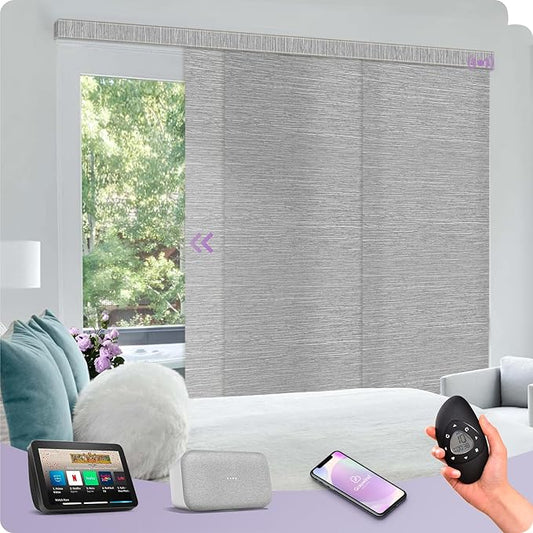 Graywind Rechargeable Smart Sliding Panels Compatible with Alexa Google Motorized Panel Track Blinds Remote Control for Patio Sliding Door Closet Door Width Up to 177" Custom Size (Jacquard Grey)