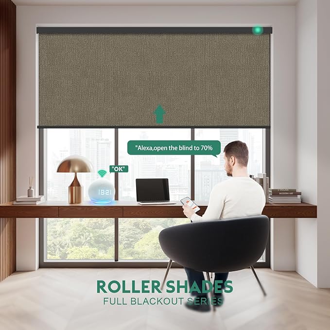 Motorized Blinds with Remote [100% Blackout & Silent Motor] Smart Blinds Compatible with Alexa Google HomeKit, Electric Roller Shades for Indoor Windows, Customized Size, Crossweave Brown