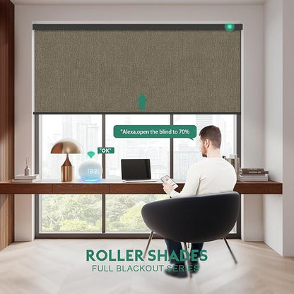Motorized Blinds with Remote [100% Blackout & Silent Motor] Smart Blinds Compatible with Alexa Google HomeKit, Electric Roller Shades for Indoor Windows, Customized Size, Crossweave Brown