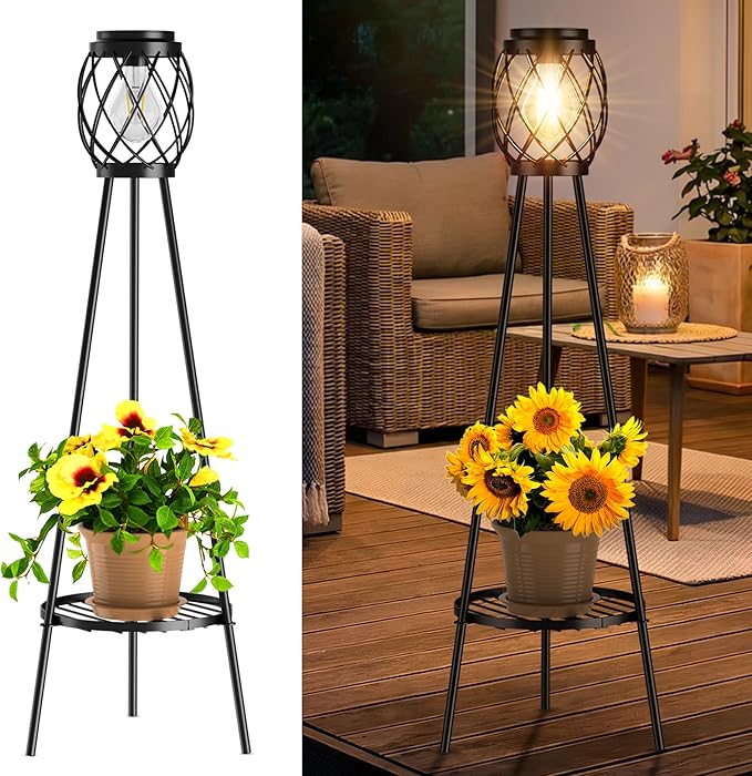 MXwcy Solar Floor Lamp with Plant Stands，Solar Lights Outdoor with Vintage LED Edison Bulbs, Weatherproof Garden Lights for Pathway, Patio, Yard, 8-10 Hours Lighting, IP55 Waterproof