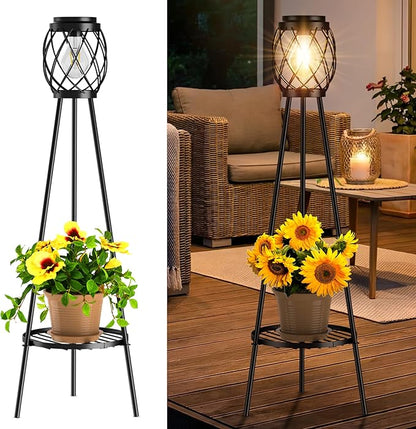MXwcy Solar Floor Lamp with Plant Stands，Solar Lights Outdoor with Vintage LED Edison Bulbs, Weatherproof Garden Lights for Pathway, Patio, Yard, 8-10 Hours Lighting, IP55 Waterproof