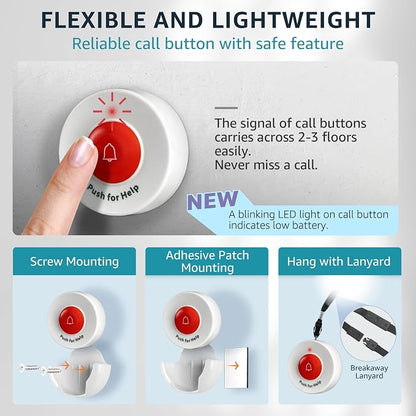 2 Caregiver Pagers & 3 Wireless Nurse Call Buttons for Elderly at Home SOS Alert Seniors Patients