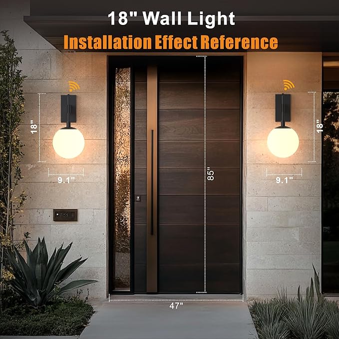Hyunbae Dusk to Dawn Outdoor Wall Sconces, Modern Exterior Photocell Sensor Front Porch Light, 18.1" Globe Large Outdoor Wall Lighting, Waterproof Outside Lights for House, Doorway, Garage, E26, IP65