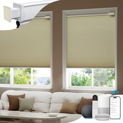 No Drill Motorized Cellular Shades, Cordless Blackout Honeycomb Blinds for Windows, Smart Automatic Blinds Compatible with Alexa/Google Home/Smarthings, Beige
