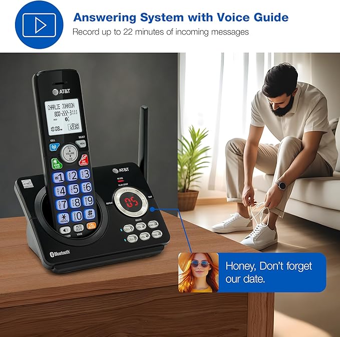 AT&T DL72479 4-Handsets Cordless Landline Phone System with Digital Answering Machine, Bluetooth Connect to Cell, Unsurpassed Range, Big Buttons,1000-Number Call Blocker - Black