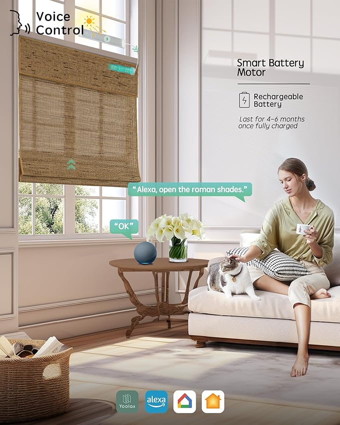 Yoolax Motorized Bamboo Roman Shades with Remote, Smart Roman Shades for Indoor Windows, Light Filtering Automatic Blinds Work with Alexa, Google Home, Apple Homekit, Customized (Bamboo Texture Brown)