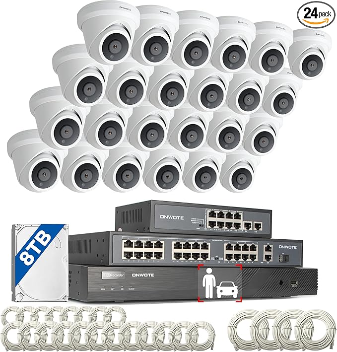ONWOTE 32 Channel Security Camera System, 12MP 32CH NVR 8TB, 32 Ports PoE Switch, 24x 6MP Outdoor Audio PoE IP Cameras, AI Human Vehicle Detection, 24x Cables-2280ft, Commercial CCTV for Business