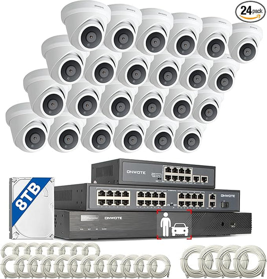 ONWOTE 32 Channel Security Camera System, 12MP 32CH NVR 8TB, 32 Ports PoE Switch, 24x 6MP Outdoor Audio PoE IP Cameras, AI Human Vehicle Detection, 24x Cables-2280ft, Commercial CCTV for Business