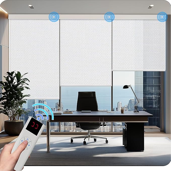 Motorized Blinds with Remote Cordless Automatic Motorized Shades Custom Blinds for Windows Smart Curtains Compatible with Alexa Google Home(3% Solar White,W48 x H72in)