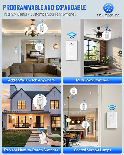 Wireless Light Switch and Receiver Kit, WILAWELS Remote Wall Switches Lighting Fixture, No Wiring, Programmable, 100FT RF Range, 1 Remote Switch for 2 Receivers for Ceiling Light, Fan, Lamp W06RC1206