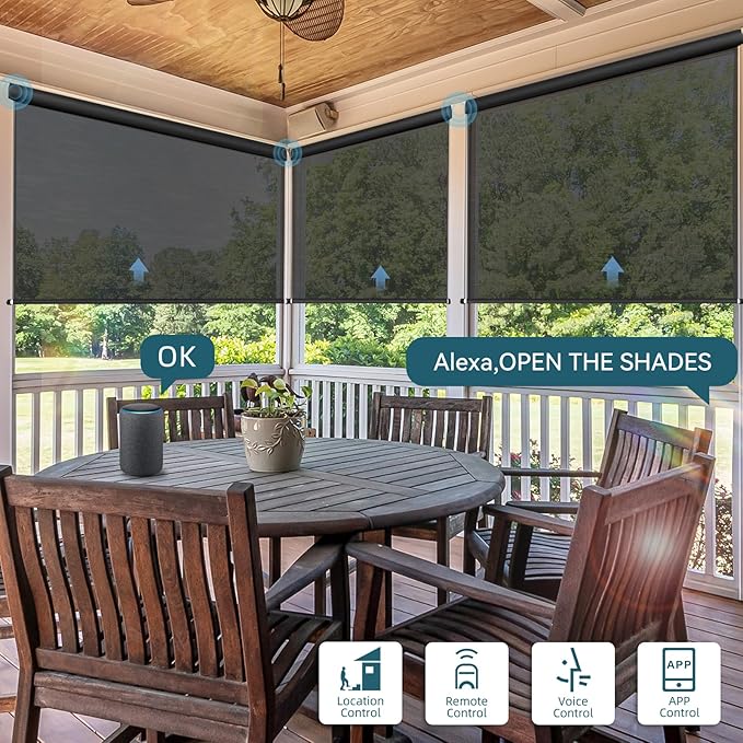 Motorized Outdoor Roller Shades,Patio Roll Up Blind Work with Alexa,Google Home,Apple Homekit,Remote Control Sun Shade,Waterproof &Windproof Smart Blinds for Porch,Sirus Coffee, 5% Openness