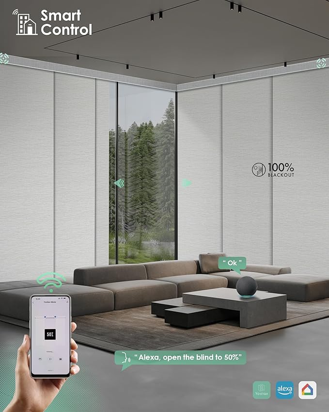Yoolax Custom XL Smart Vertical Blinds, Motorized Sliding Door Blinds Compatible with Alexa, Blackout Sliding Panel for Room Divider, Indoor Windows, Patio Doors, Foggy Thread Gray