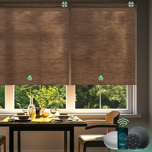 Yoolax Motorized Blinds with Remote, Light Filtering Smart Blinds Work with Alexa, Google, Automatic Roller Shades for Windows, Custom Electric Shades for Living Room Office (Eco Cocoa)