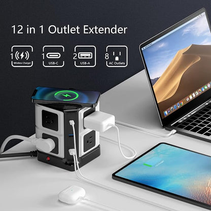 PD 20W USB C Power Strip with Wireless Charger BESTEK 8-Outlet Surge Protector and 30W 3-Port USB Charging Dock Station,4000 Joules,ETL Listed,Dorm Room Accessories (8AC+3USB+Wireless Charger-Black)
