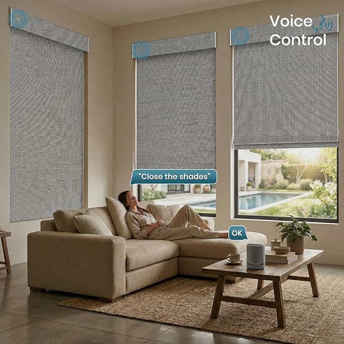 Motorized Roman Shades with Remote,Wooden Blinds Compatible with Alexa/Google/Apple Homekit,Natural Woven Wood Blinds,Electric Blinds Customized Size,Crocheting Chocolate