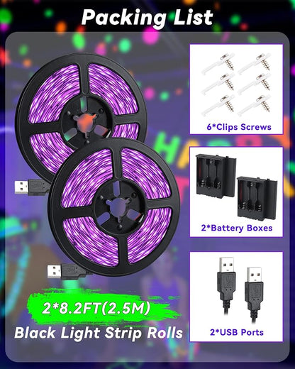 16.4FT Black Light Strip with USB Plug + Battery Box, Adhesive 300LEDs Blacklight Fixture, Battery & USB Operated for Glow Neon Party Birthday Glass Cabinet Fluorescent Poster Fishing Boat