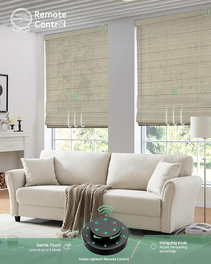 Yoolax Motorized Roman Shades with Remote, Smart Roman Shades for Windows, Light Filtering Automatic Blinds Work with Alexa, Google, Apple Homekit for Living Room, Dining Room, Customized (Woven Dune)