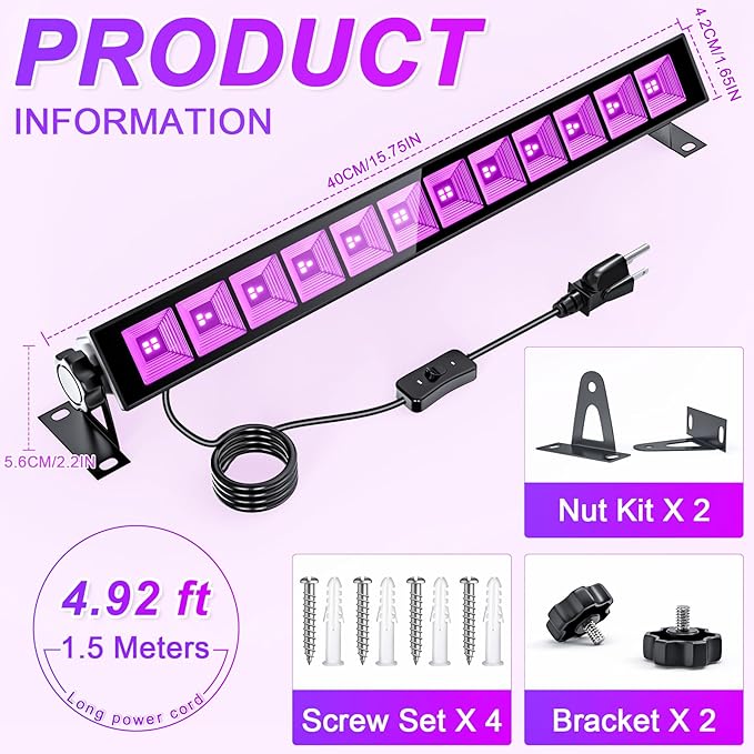 6-Pack UV Black Light Bars 45W, 395NM LED Blacklights for Glow Party, Body Paint, Halloween, Fluorescent Posters, Birthday Decor, IP66 Waterproof